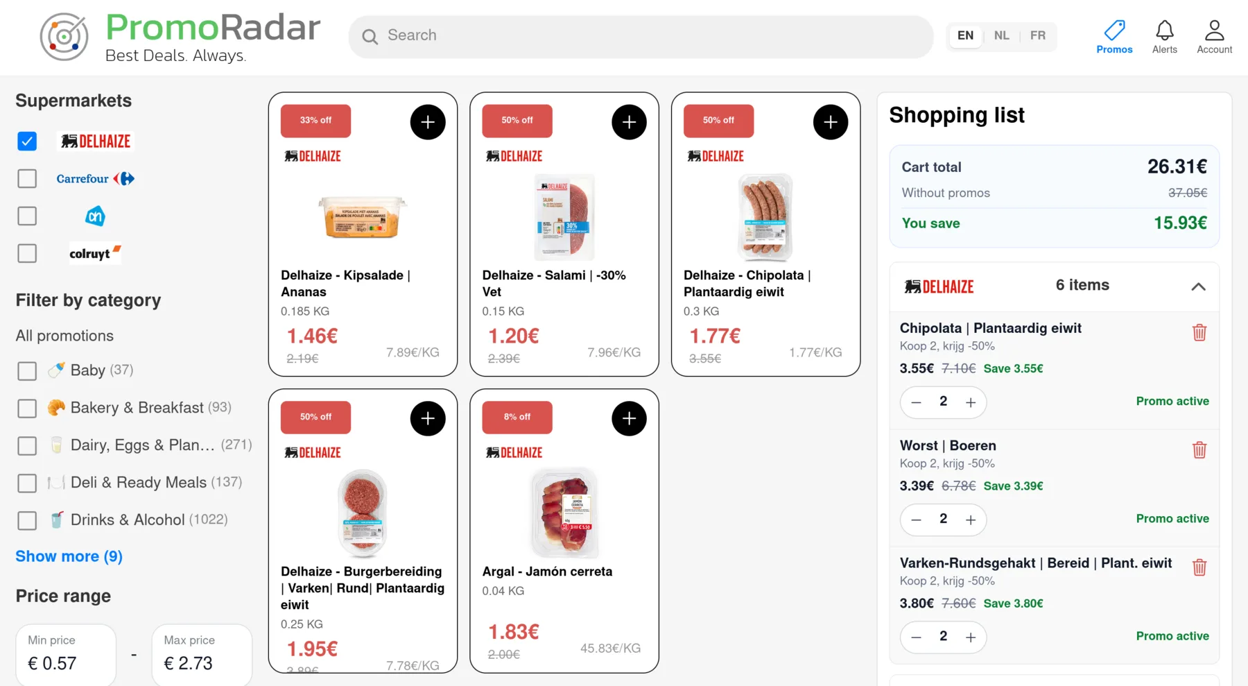 PromoRadar-app met prijsvergelijkingen, filters en een boodschappenlijst